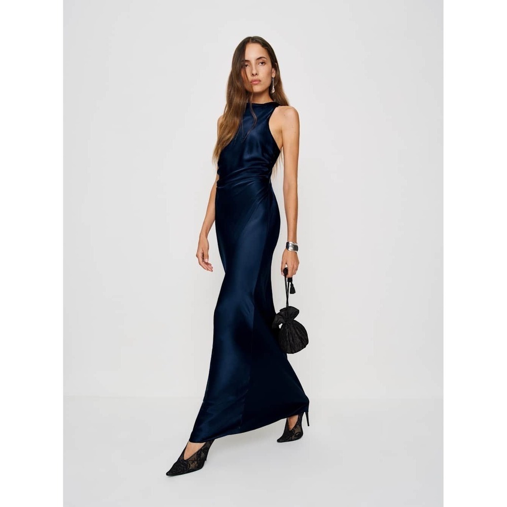Reformation Anais Silk Maxi Dress Navy Blue Open Back High Neck Formal Gown NEW